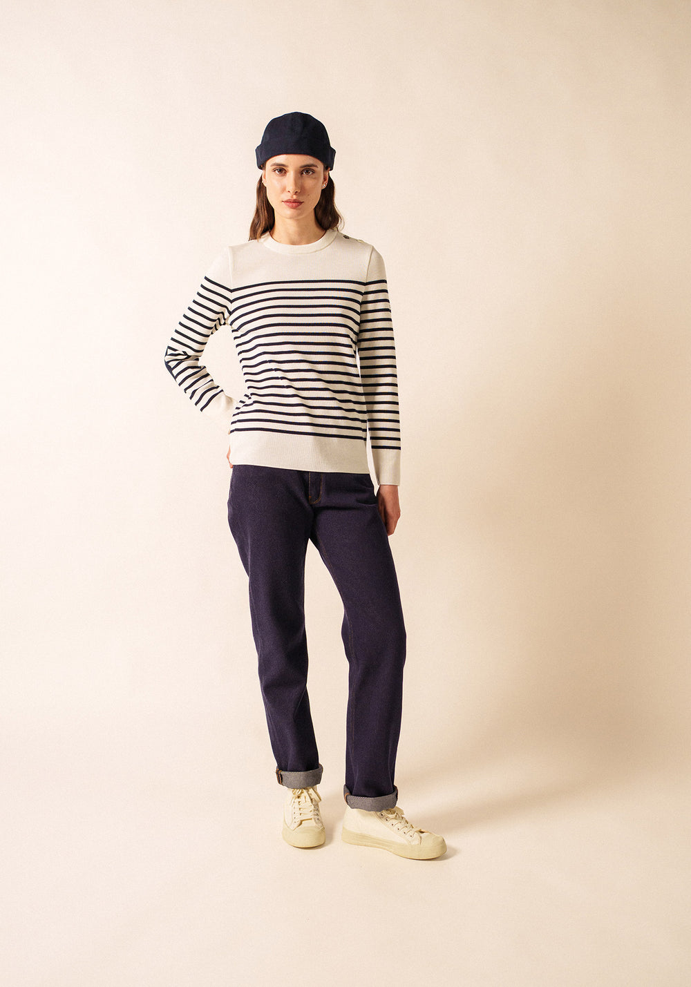 Brégançon striped sailor jumper - with contrasting elbow patches (BLANC/NAVY/NAVY)
