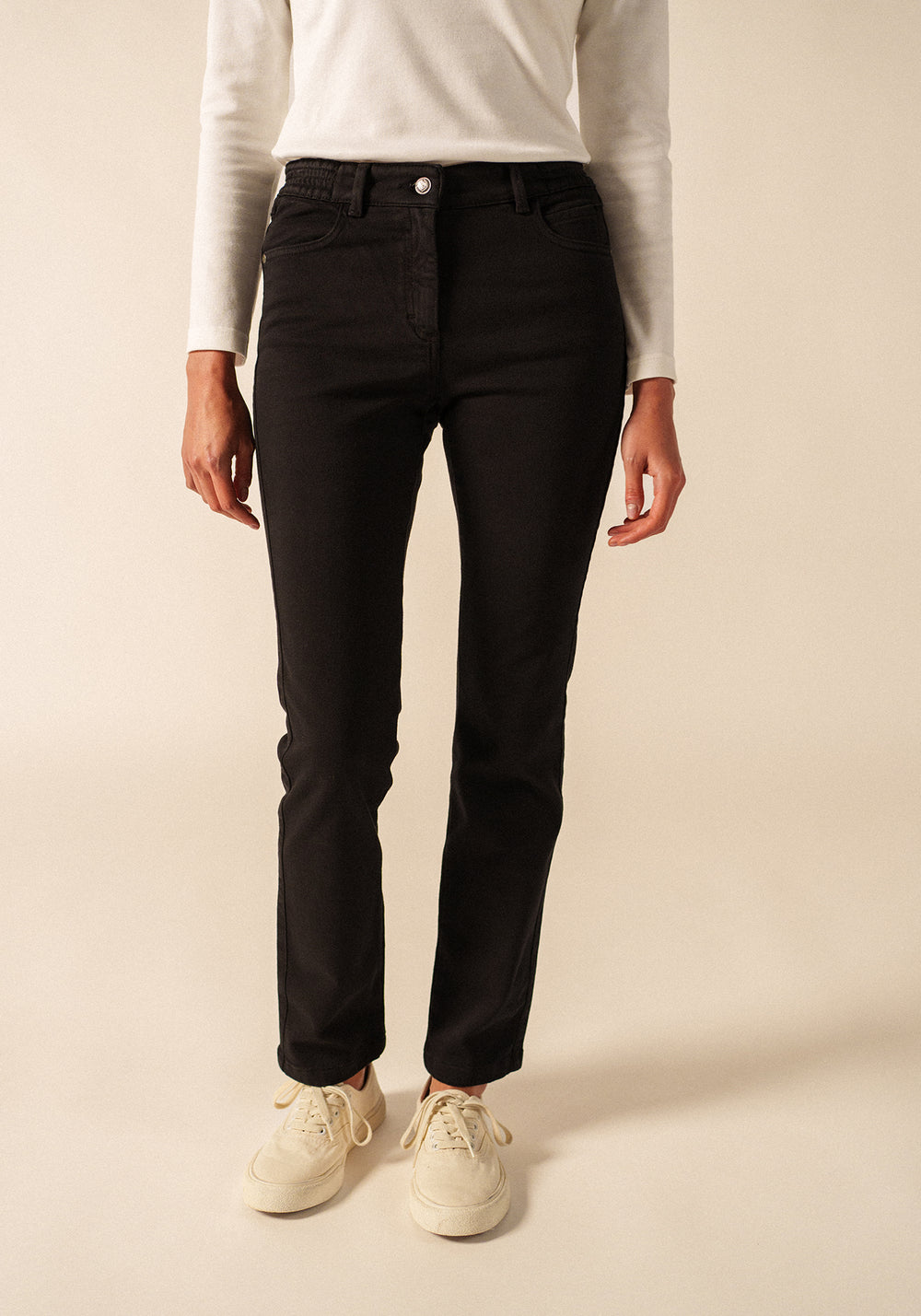 Patricia straight pants - elasticated waist, in stretch cotton (NOIR)