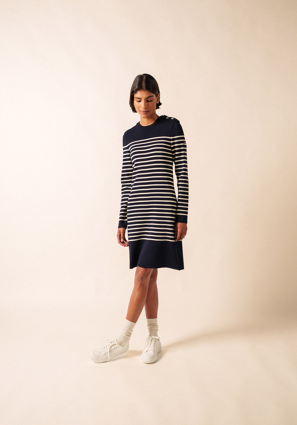 Grande Marée striped jumper dress - in wool, shoulder buttoning (NAVY/ECUME)