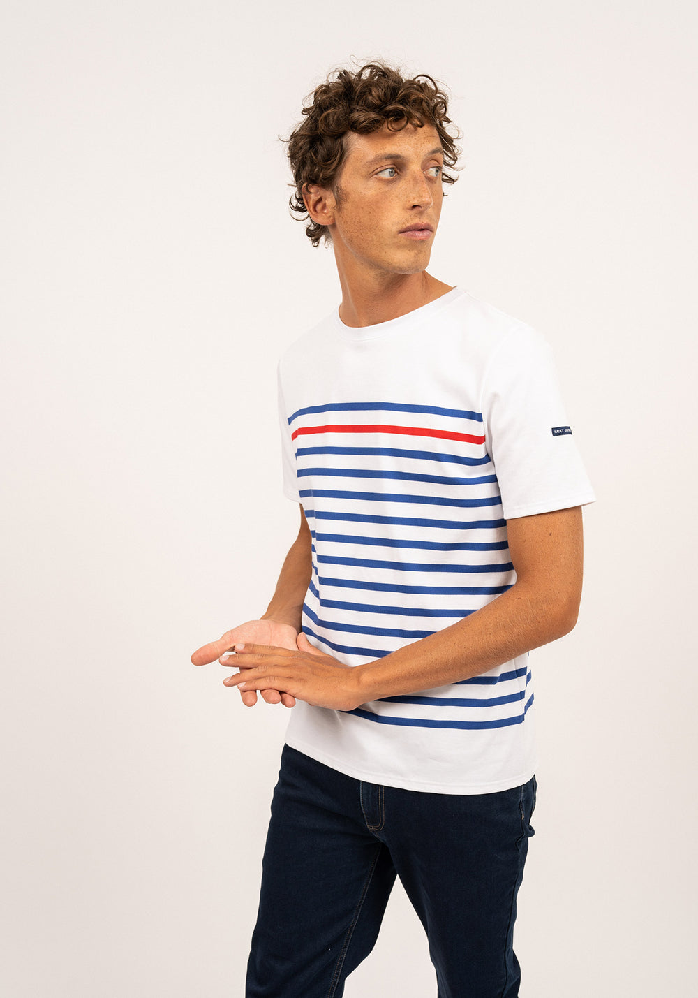 Naval short sleeve sailor shirt - placed stripe, in cotton (NEIGE/GITANE/TULIPE)