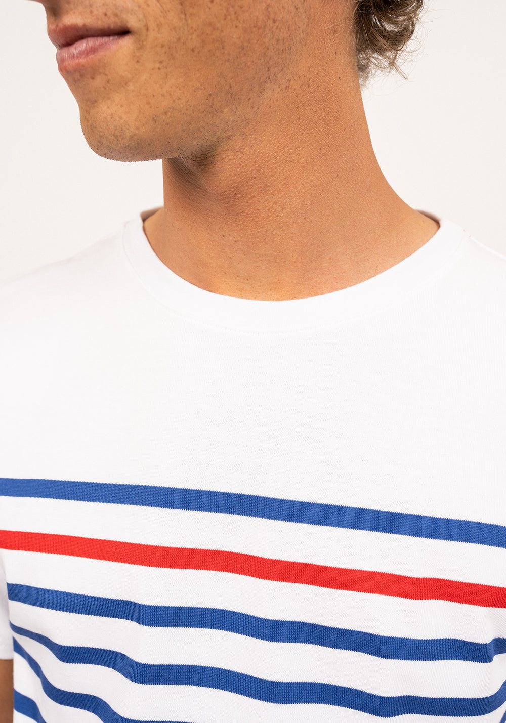 Naval short sleeve sailor shirt - placed stripe, in cotton (NEIGE/GITANE/TULIPE)