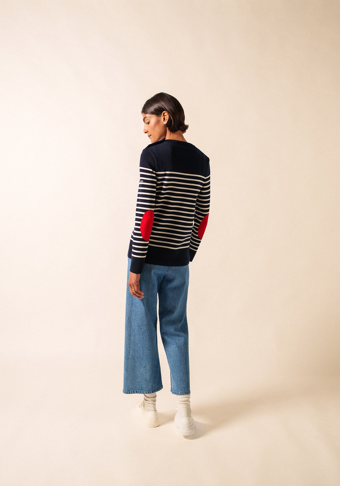 Brégançon striped sailor jumper - with contrasting elbow patches (NAVY/BLANC/TULIPE)