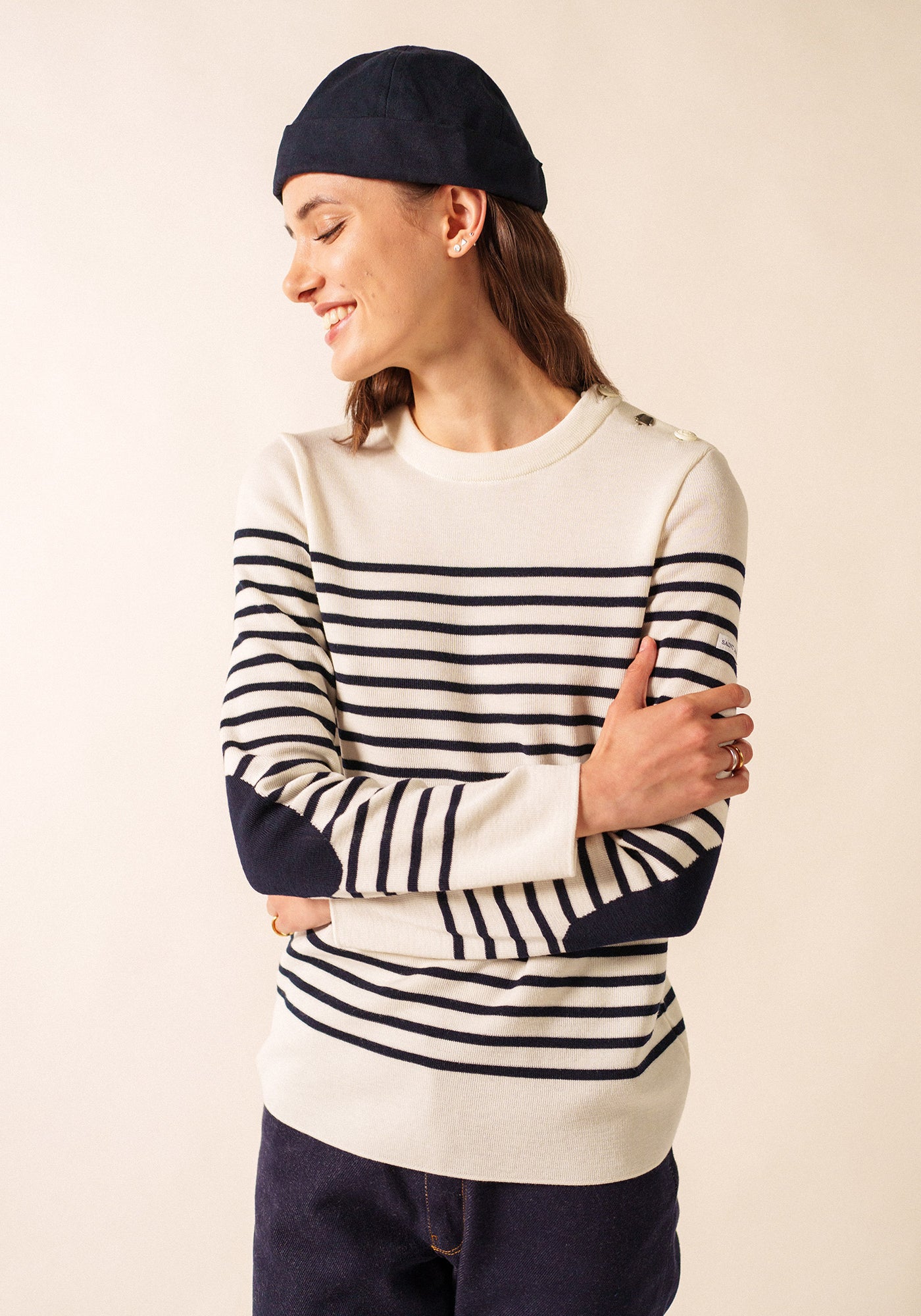 Brégançon striped sailor jumper - with contrasting elbow patches (BLANC/NAVY/NAVY)