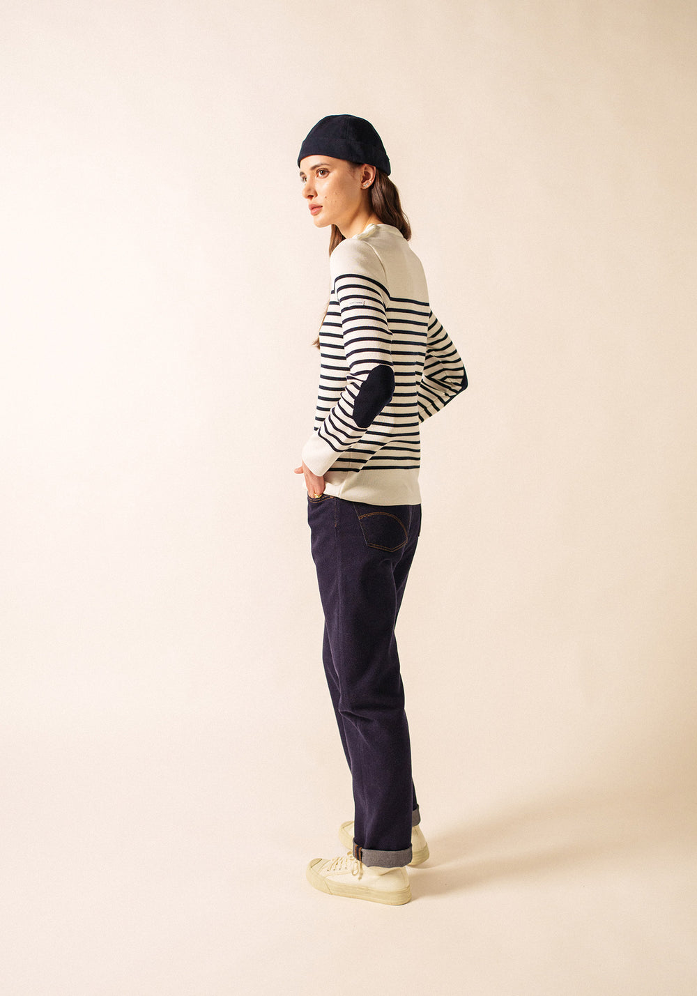 Brégançon striped sailor jumper - with contrasting elbow patches (BLANC/NAVY/NAVY)