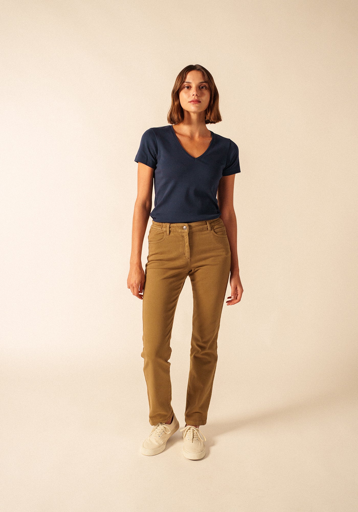 Patricia straight pants - elasticated waist, in stretch cotton (BEIGE FONCE)