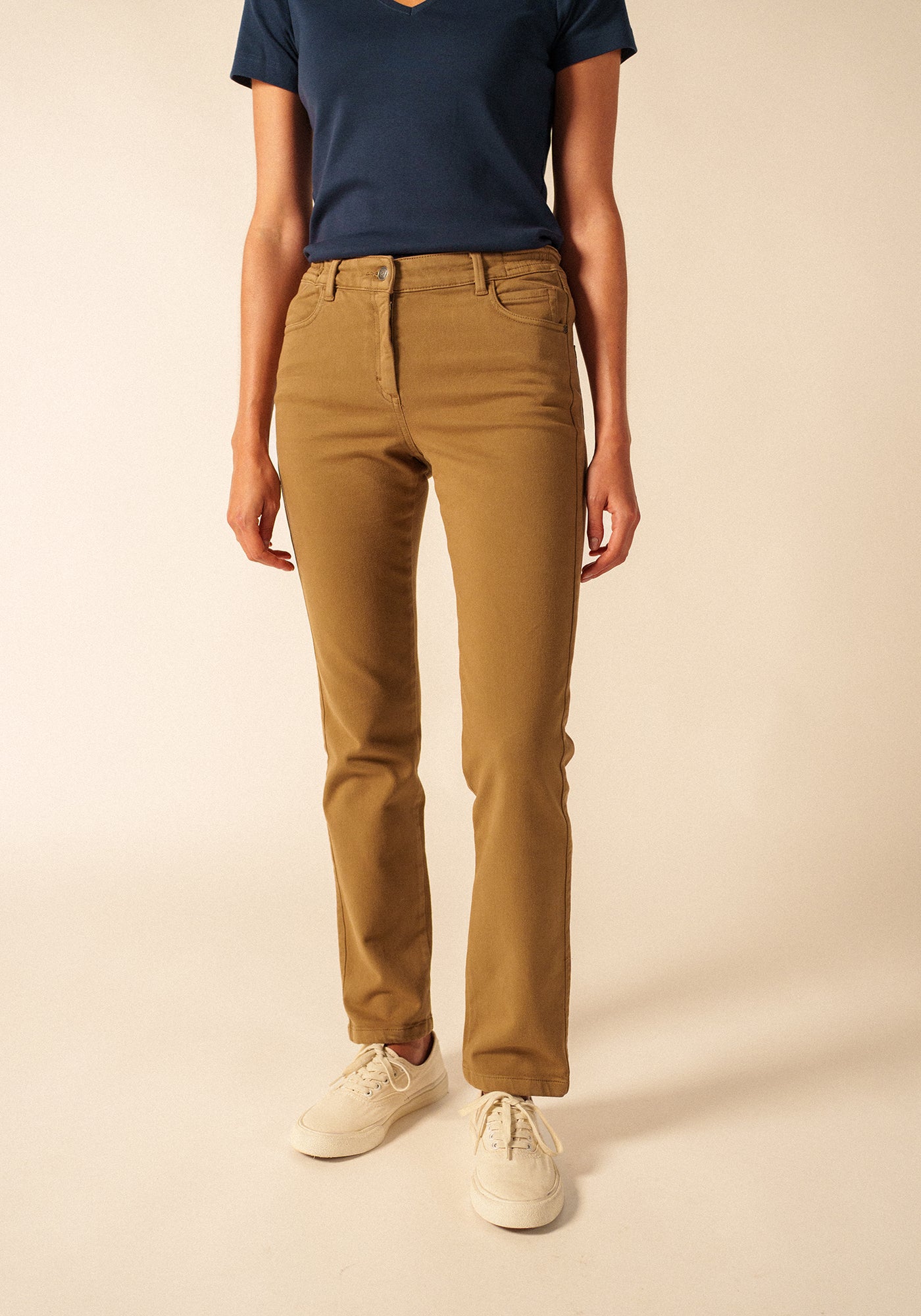 Patricia straight pants - elasticated waist, in stretch cotton (BEIGE FONCE)