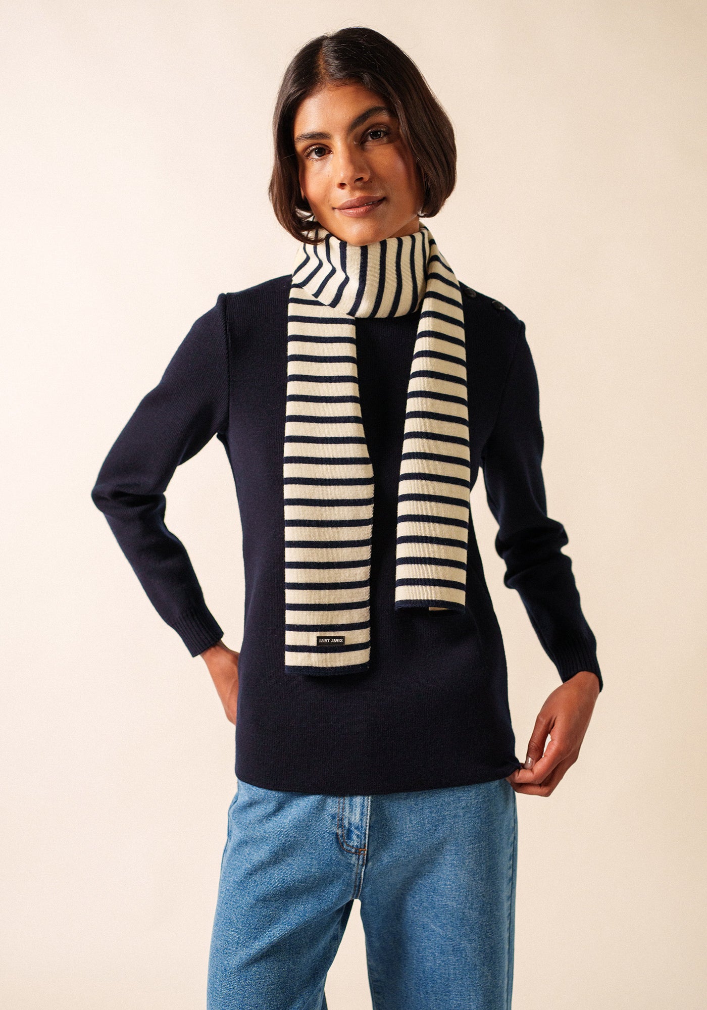 Striped scarf - in pure new wool (ECRU/MARINE)