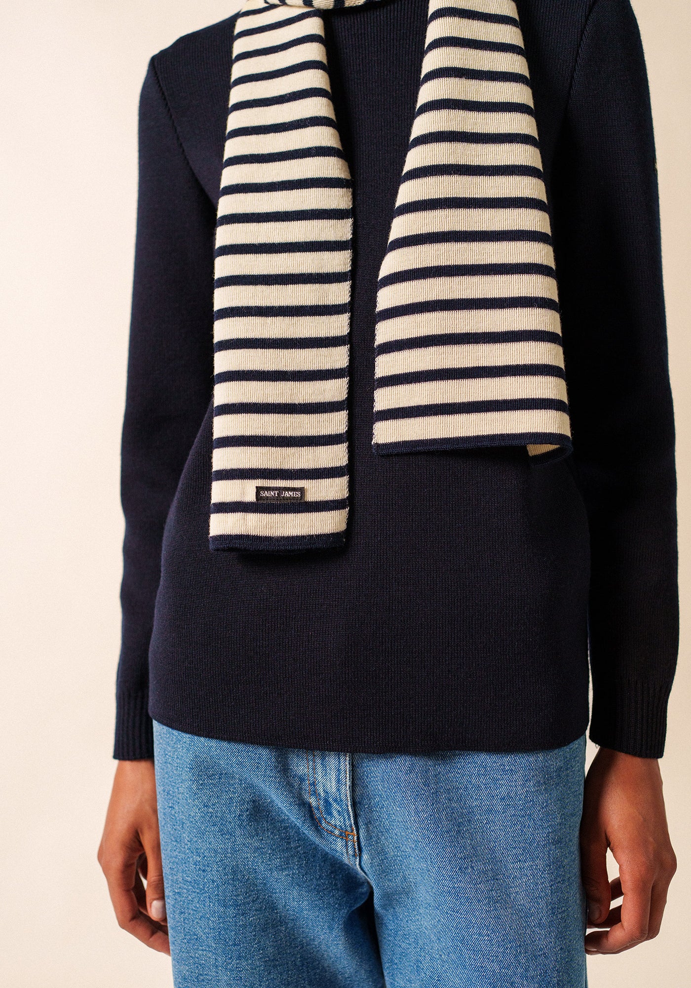 Striped scarf - in pure new wool (ECRU/MARINE)