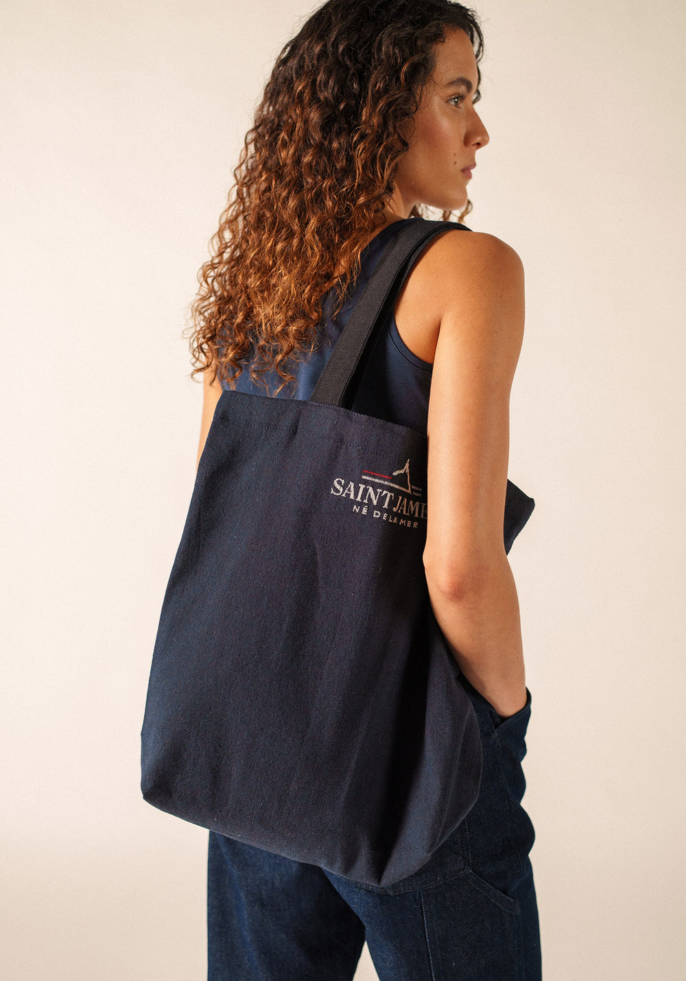 Pull tote bag (MARINE/ECRU)
