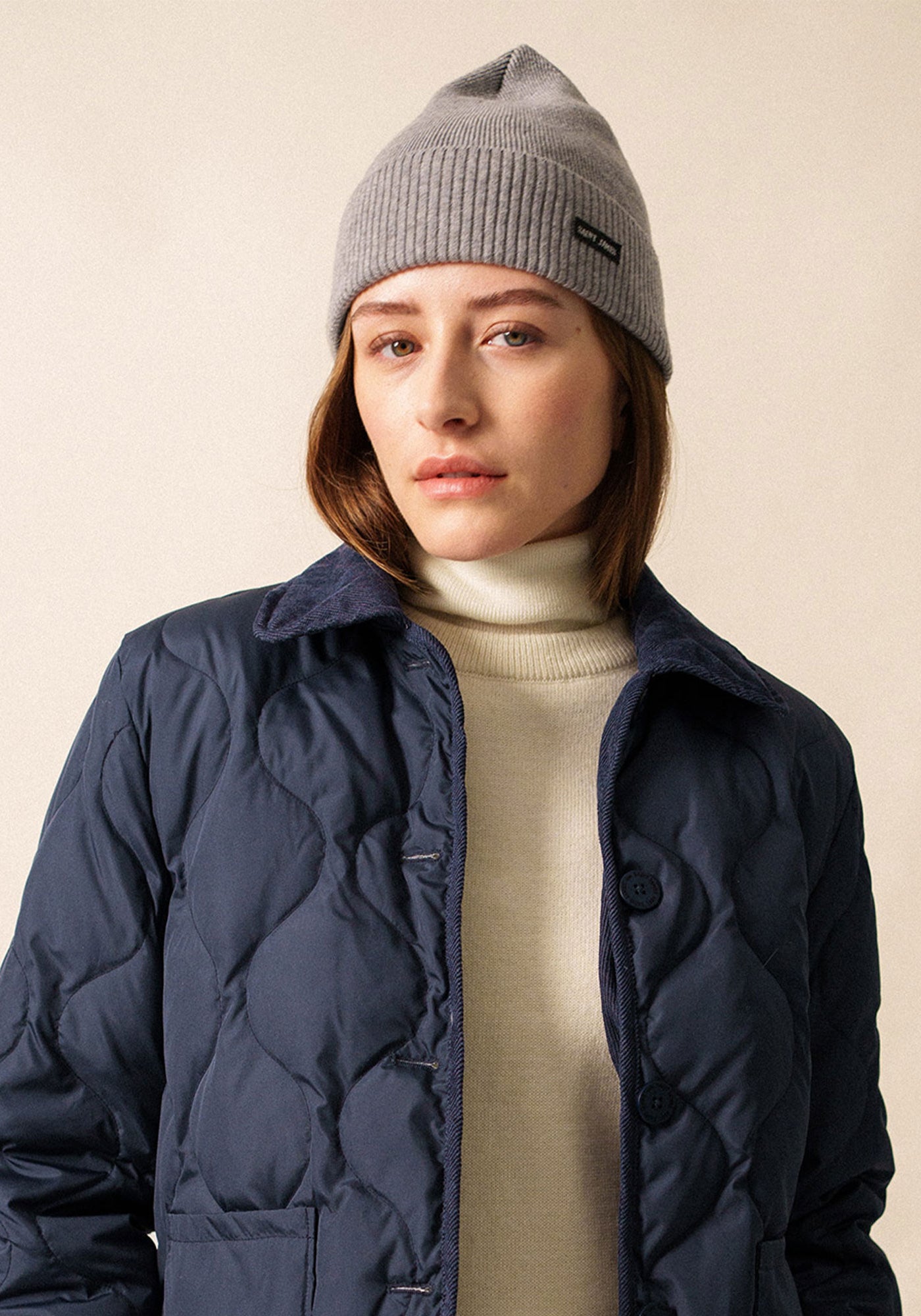 Biriatou cashmere hat - plain, with lapel (GRIS CHINE)