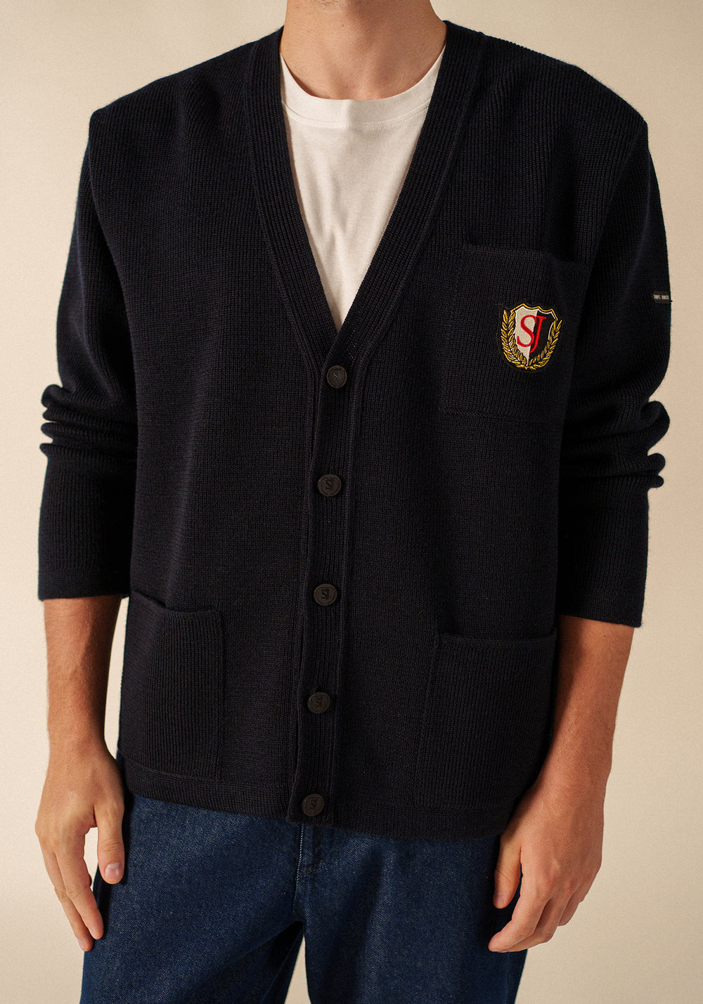Yachting Réédit Wool Cardigan - with embroidered chest badge (NAVY)