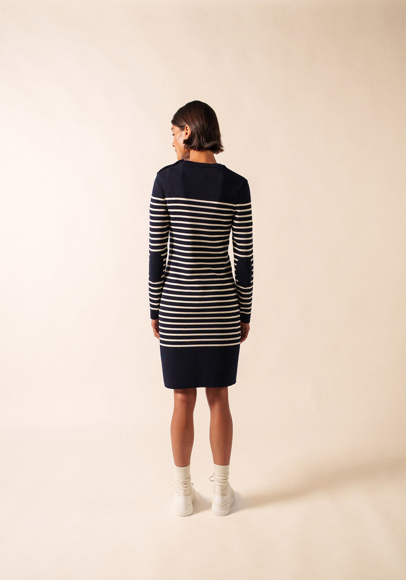 Grande Marée striped jumper dress - in wool, shoulder buttoning (NAVY/ECUME)