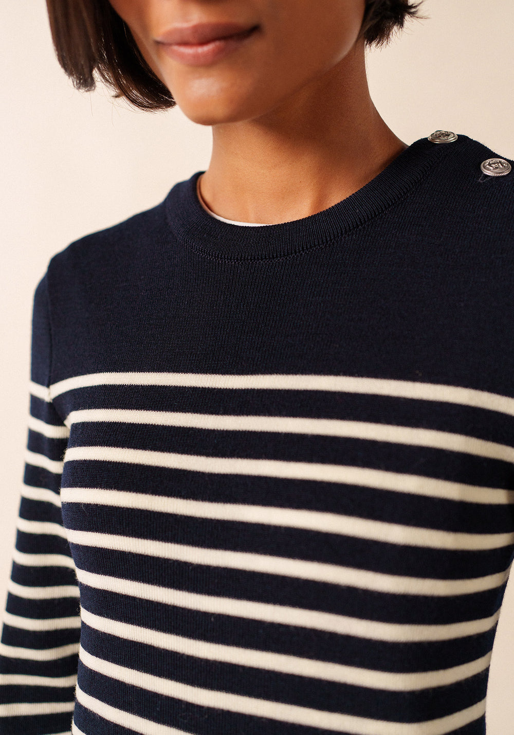 Grande Marée striped jumper dress - in wool, shoulder buttoning (NAVY/ECUME)