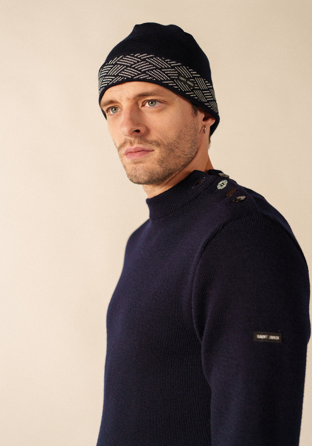 Equipage Patterned Beanie - in wool (NAVY/BLANC)