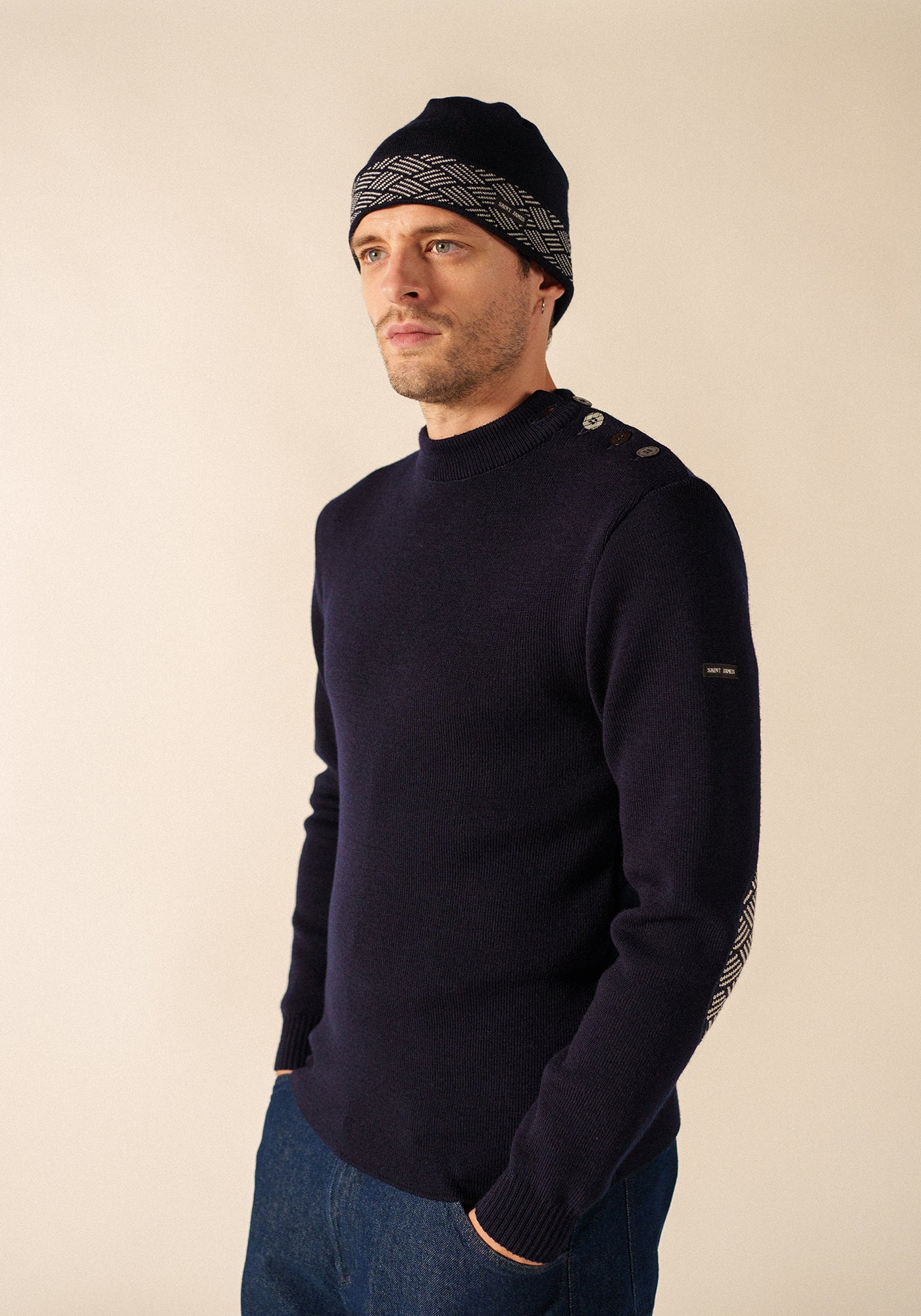 Equipage Patterned Beanie - in wool (NAVY/BLANC)