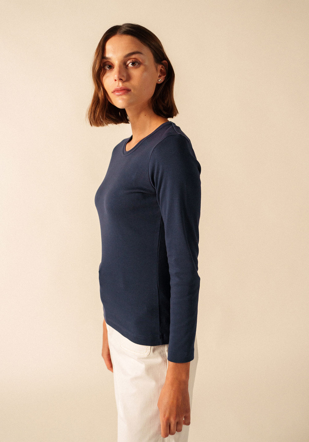 Celina long sleeve t-shirt - round neck, in cotton (MARINE)