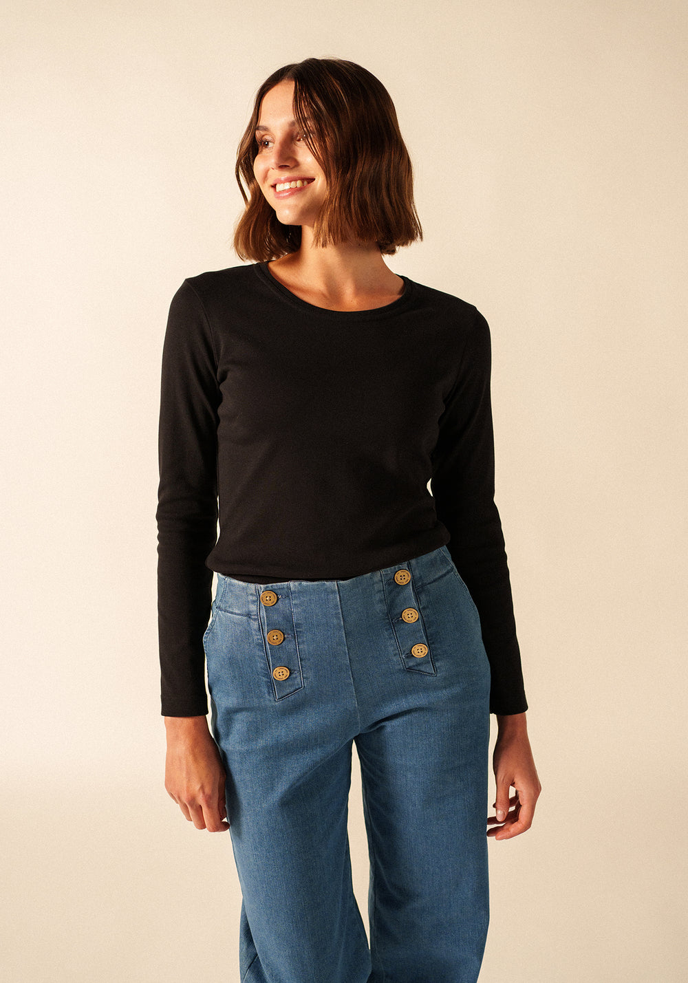 Celina long sleeve t-shirt - round neck, in cotton (NOIR)